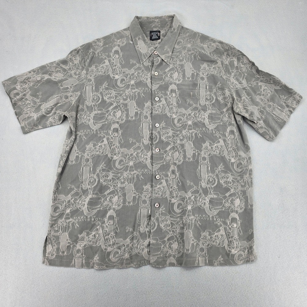Harley Davidson Tori Richard Silk Shirt Mens 2XL Grey Jacquard Motorcycle Biker